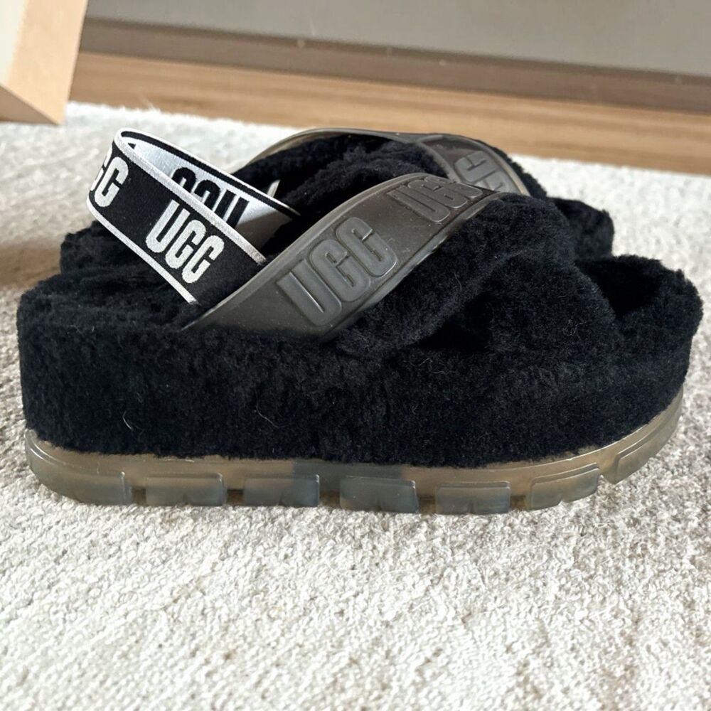 UGG Fuzzita Clear Black Fuzzy Slingback Platform Sandals Women’s 8 New